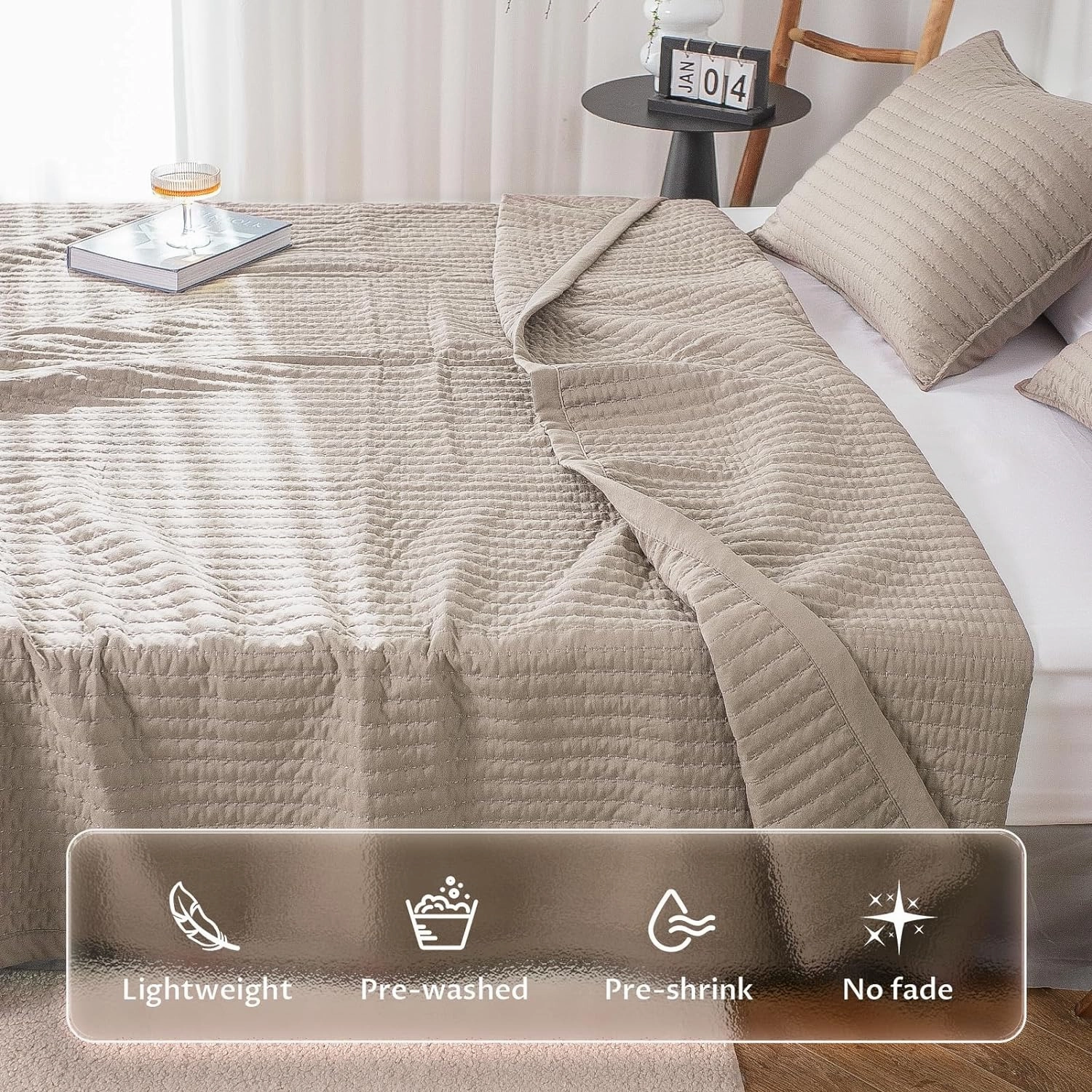 KASENTEX Quilt Mini Set-Stone Washed-Super Soft Bedspread-Light Weight-White Down Alternative Microfiber Fill-Machine Washable-Solid Colors, Full/Queen  2 Shams, Camel