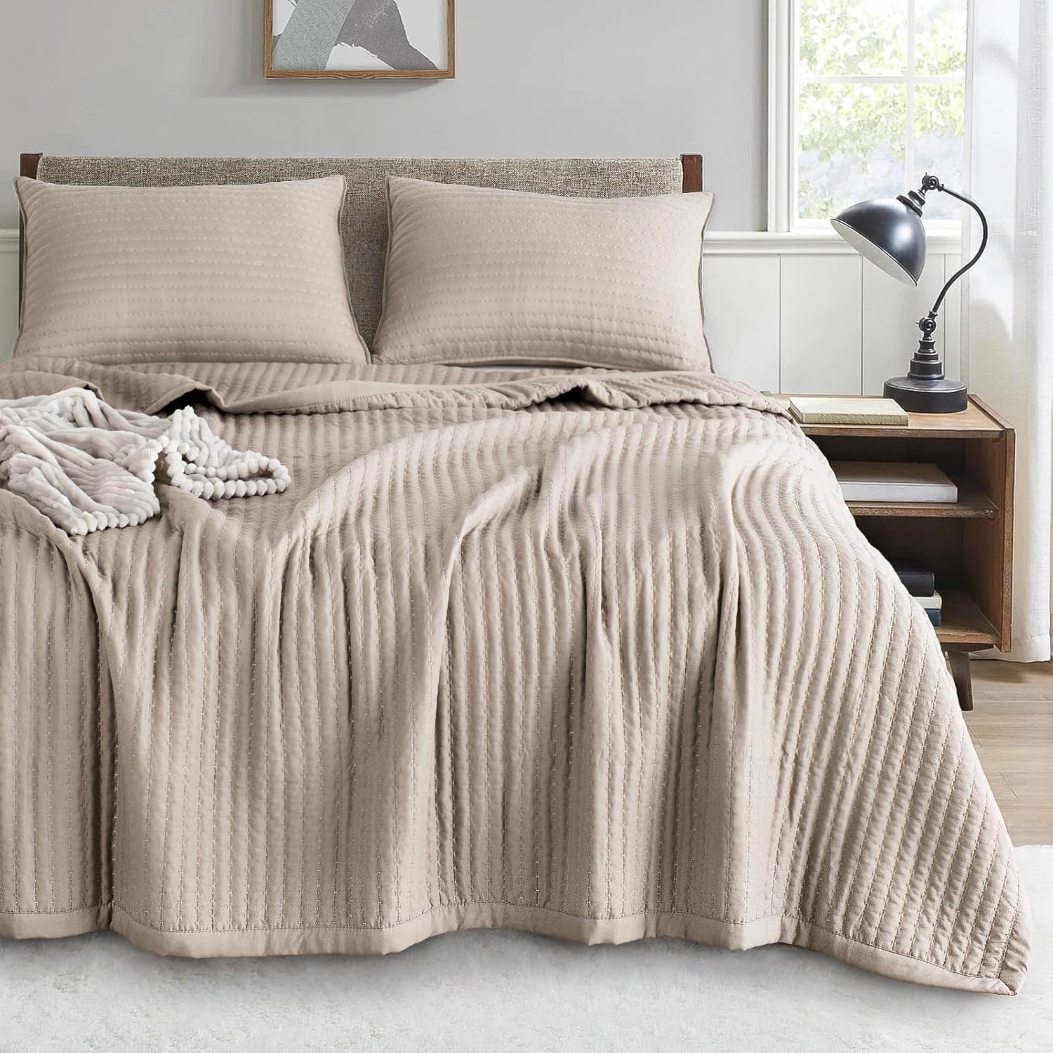 KASENTEX Quilt Mini Set-Stone Washed-Super Soft Bedspread-Light Weight-White Down Alternative Microfiber Fill-Machine Washable-Solid Colors, Full/Queen  2 Shams, Camel