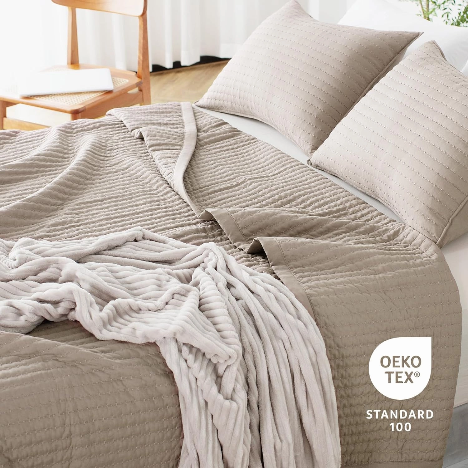KASENTEX Quilt Mini Set-Stone Washed-Super Soft Bedspread-Light Weight-White Down Alternative Microfiber Fill-Machine Washable-Solid Colors, Full/Queen  2 Shams, Camel