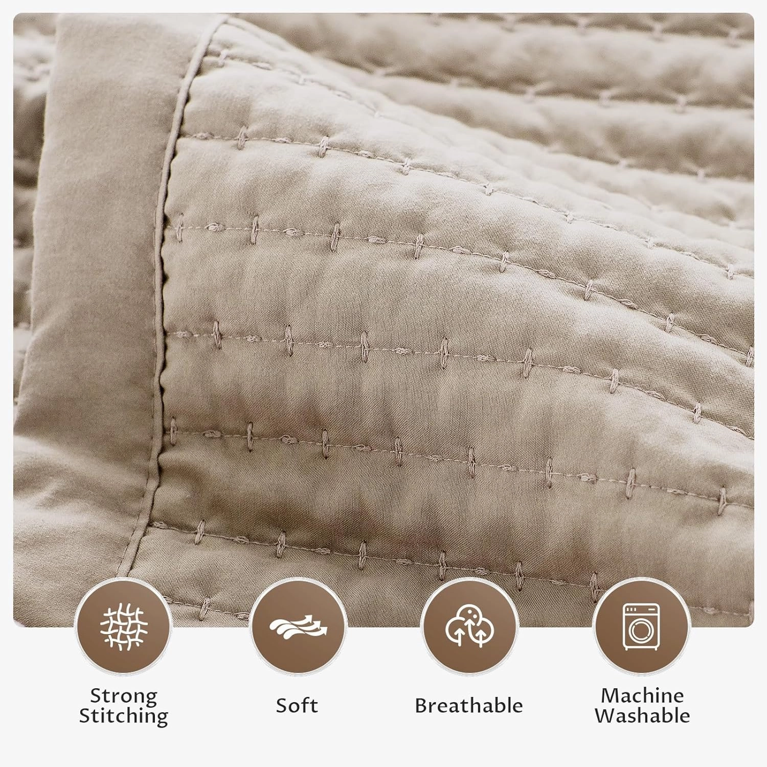 KASENTEX Quilt Mini Set-Stone Washed-Super Soft Bedspread-Light Weight-White Down Alternative Microfiber Fill-Machine Washable-Solid Colors, Full/Queen  2 Shams, Camel