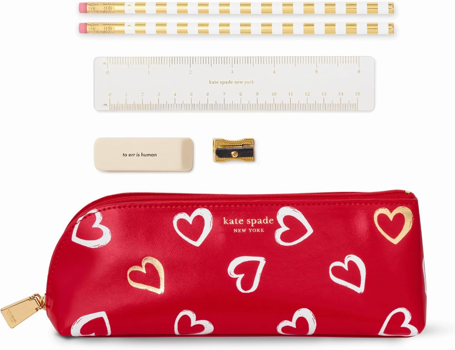 kate spade new york Pen and Pencil Case with Office Supplies for Adults, Zip Pouch Includes 2 Pencils, Sharpener, Eraser, and Ruler, Brushstroke Hearts