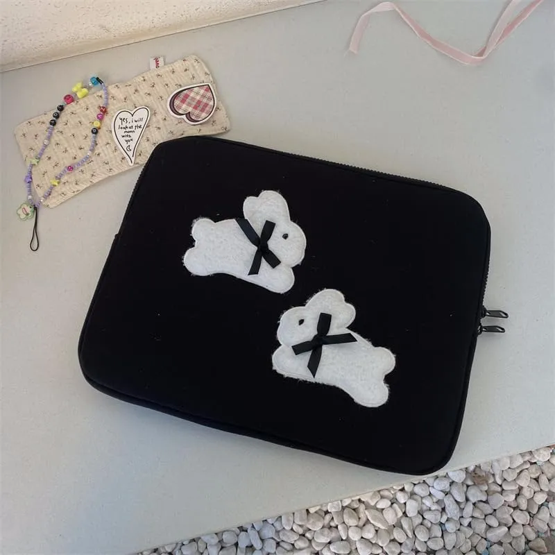Kawaii Bunny Puffy Padded Laptop Sleeve Coquette Bow Laptop Case Cute Quilted Laptop Sleeve for 11-15.6 Laptop Pad Computer Carrying Case Bag (13-14in,Black)