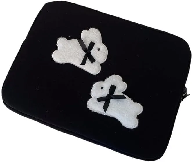 Kawaii Bunny Puffy Padded Laptop Sleeve Coquette Bow Laptop Case Cute Quilted Laptop Sleeve for 11-15.6 Laptop Pad Computer Carrying Case Bag (13-14in,Black)