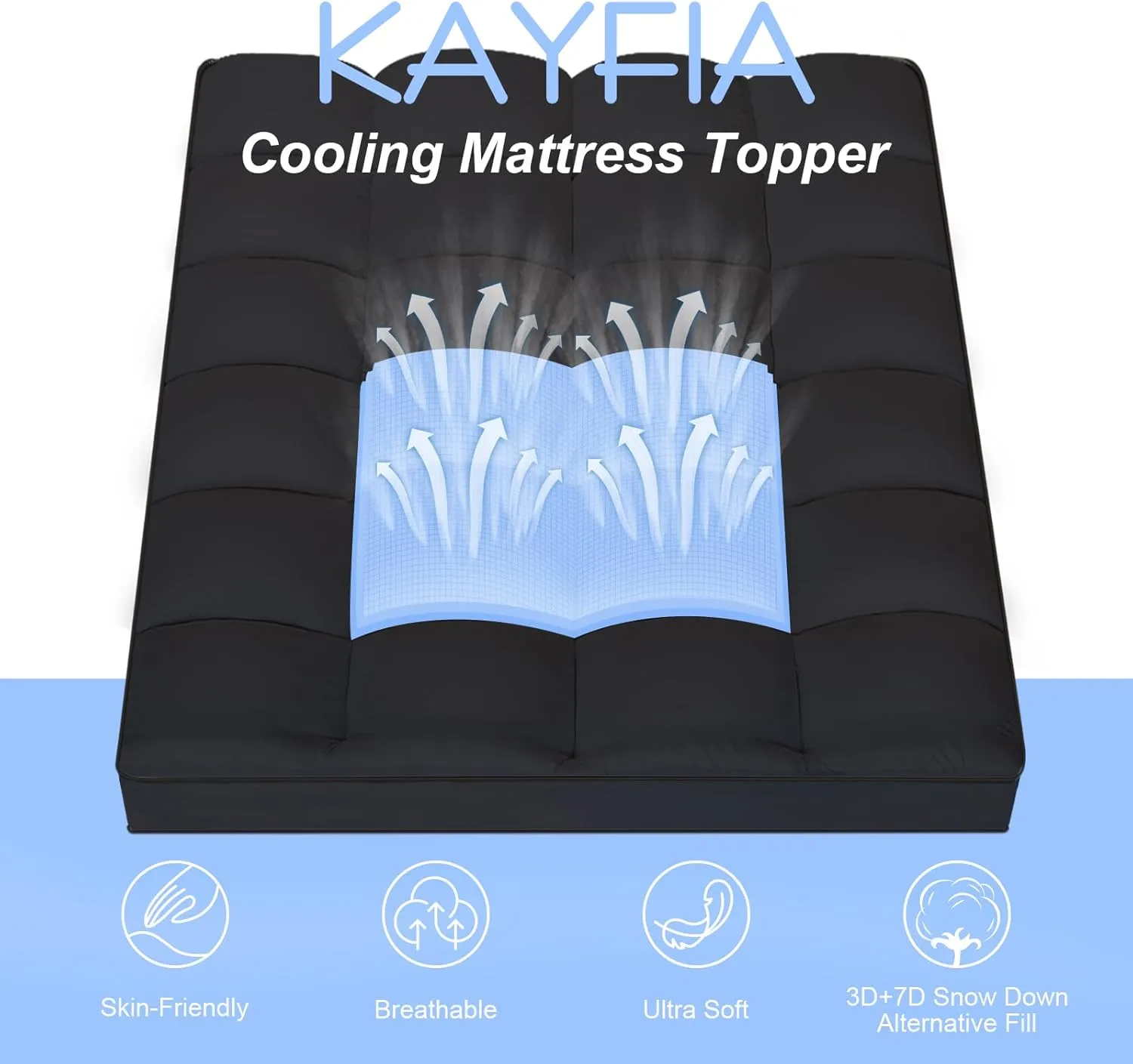 KAYFIA Full Mattress Topper, Extra Thick Mattress Pad Cover for Deep Sleep,3D 7D Snow Down Alternative Fill Overfilled Plush Pillow Top with 8-23 Inch Deep Pocket-Black