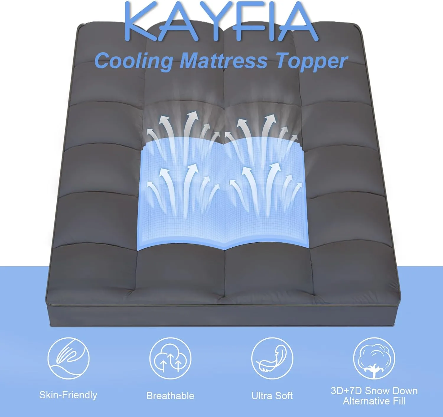 KAYFIA Full Mattress Topper, Extra Thick Mattress Pad Cover for Deep Sleep,3D 7D Snow Down Alternative Fill Overfilled Plush Pillow Top with 8-23 Inch Deep Pocket-Gray