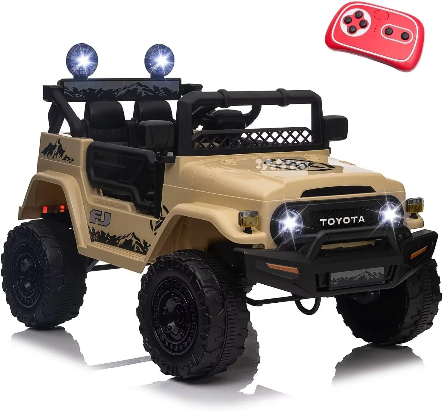 KerryYoo 12V Toyota SUV Power Wheels Jeep with Parental Remote Control 4WD Ride on Toys for Kids 4-8 Electric Car to Drive, Spring Suspension, 3 Speeds, LED Lights, Bluetooth- Khaki