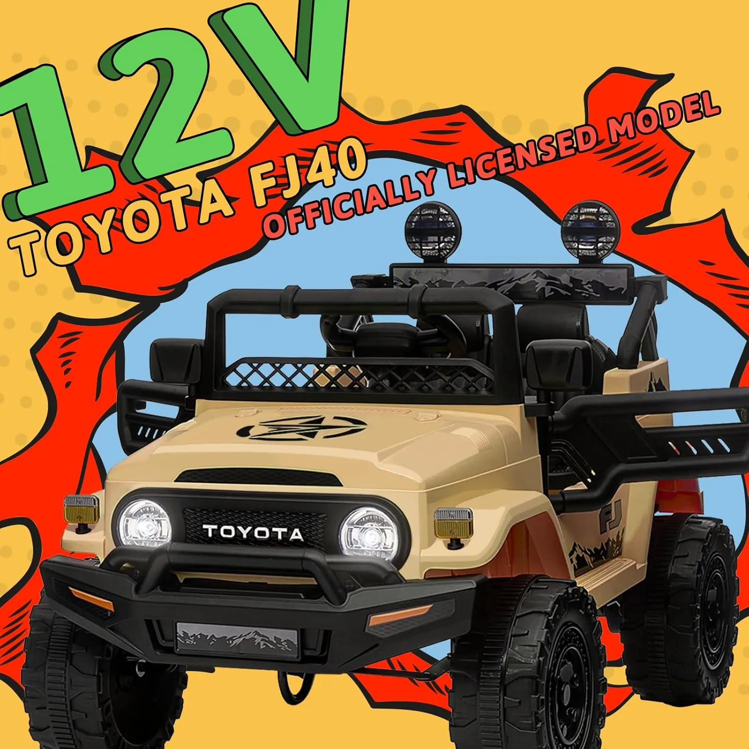 KerryYoo 12V Toyota SUV Power Wheels Jeep with Parental Remote Control 4WD Ride on Toys for Kids 4-8 Electric Car to Drive, Spring Suspension, 3 Speeds, LED Lights, Bluetooth- Khaki