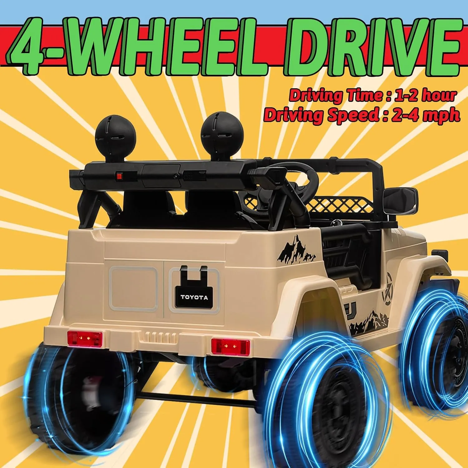 KerryYoo 12V Toyota SUV Power Wheels Jeep with Parental Remote Control 4WD Ride on Toys for Kids 4-8 Electric Car to Drive, Spring Suspension, 3 Speeds, LED Lights, Bluetooth- Khaki