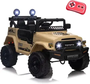 KerryYoo 12V Toyota SUV Power Wheels Jeep with Parental Remote Control 4WD Ride on Toys for Kids 4-8 Electric Car to Drive, Spring Suspension, 3 Speeds, LED Lights, Bluetooth- Khaki