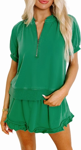 KevaMolly Women's 2 Piece Lounge Sets Casual Short Sleeve Outfits Half Zip Puff Sleeve Top and Ruffled Shorts Set