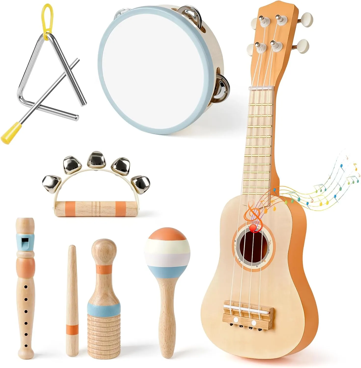 Kids Guitar Set - 7 in 1 Musical Instruments for for Toddlers 2-4, Wooden Musical Toys for 3 4 5 Year Old Boy & Girls Easter Birthday Gifts, Band Sets with Ukulele/Tambourine/Maracas Toys for Kids 3-5