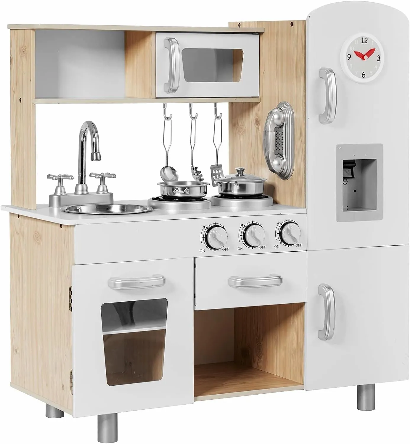 Kids Kitchen Playset, Wooden Play Kitchen with Telephone, Stove, Fridge, Microwave, Stove, Sink, Water Dispenser with Light Sound, Cabinet, Cooking Pretend Toy Gift for Boys and Girls Ages 3 