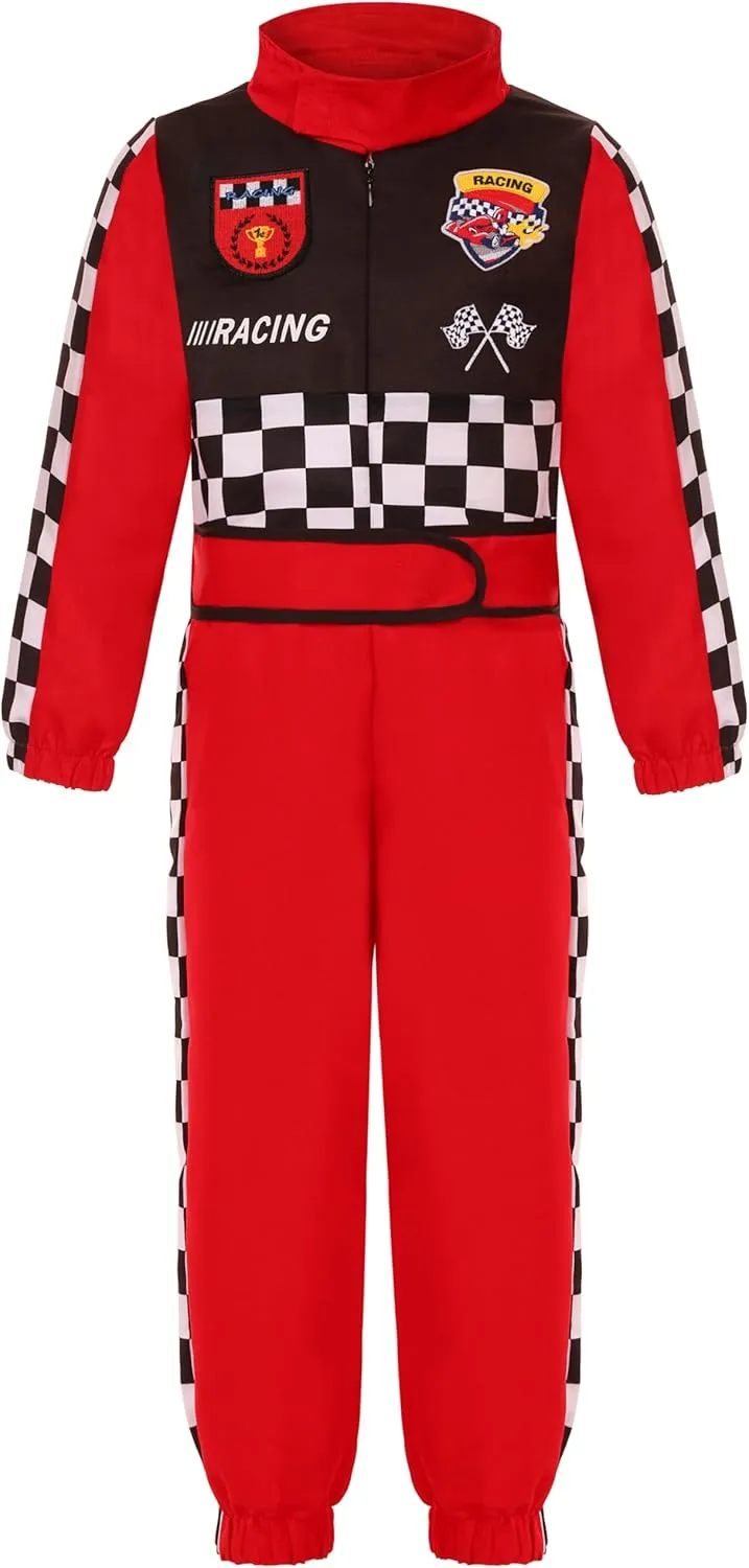 Kids Race Car Driver Costume Boys Girls Racer Jumpsuit With Car Cap Kids Dress Up for Halloween