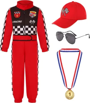 Kids Race Car Driver Costume Boys Girls Racer Jumpsuit With Car Cap Kids Dress Up for Halloween