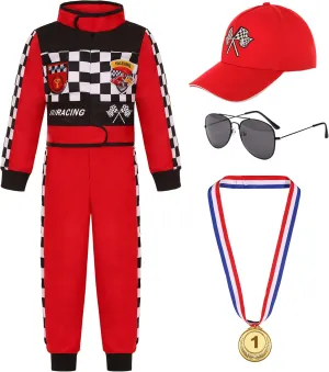 Kids Race Car Driver Costume for Boys Girl Racing Suit Racer Jumpsuit for Halloween Dress Up 3-10Y