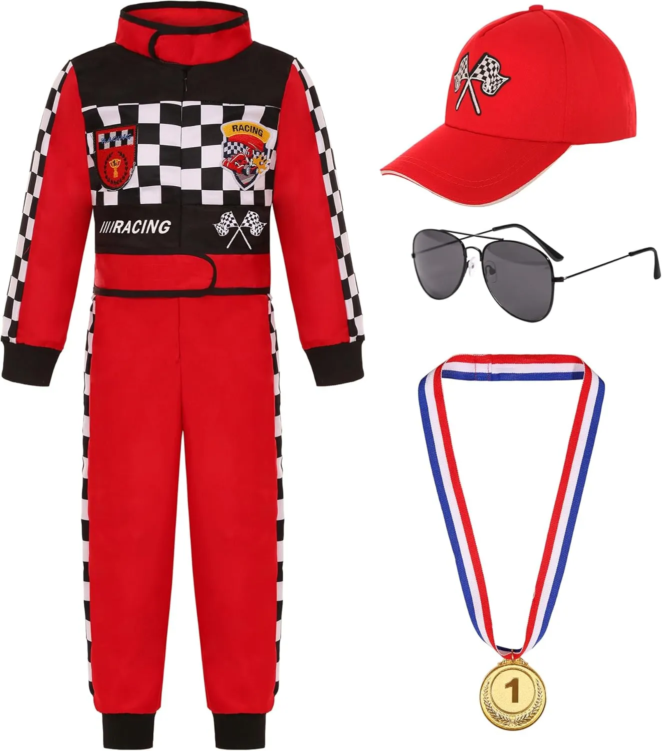 Kids Race Car Driver Costume for Boys Girl Racing Suit Racer Jumpsuit for Halloween Dress Up 3-10Y