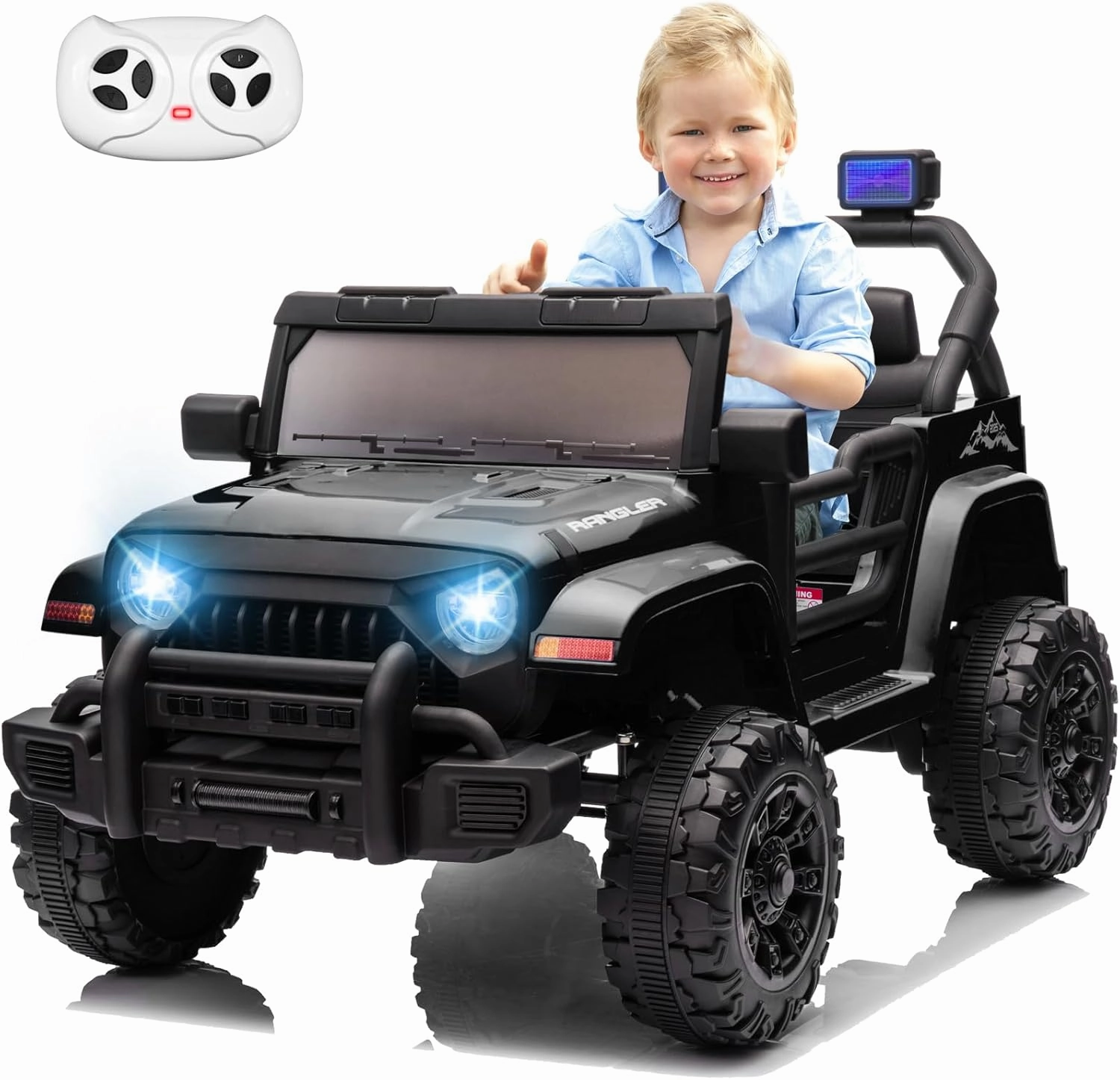 Kids Electric Ride On Car for Toddlers, 12V Battery Powered Kids Electric Vehicle with Parent Remote Control, USB, Music, Horn, LED Lights, Safety Belt, Soft Start (Black Jeep)