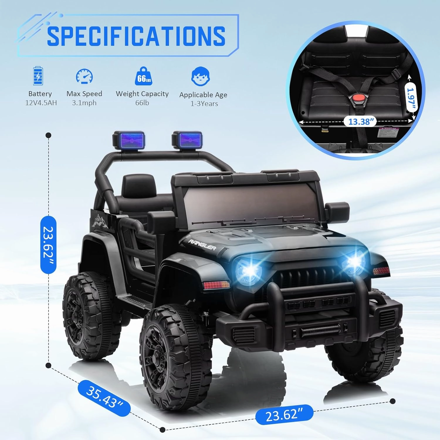 Kids Electric Ride On Car for Toddlers, 12V Battery Powered Kids Electric Vehicle with Parent Remote Control, USB, Music, Horn, LED Lights, Safety Belt, Soft Start (Black Jeep)