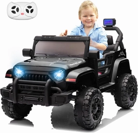 Kids Electric Ride On Car for Toddlers, 12V Battery Powered Kids Electric Vehicle with Parent Remote Control, USB, Music, Horn, LED Lights, Safety Belt, Soft Start (Black Jeep)