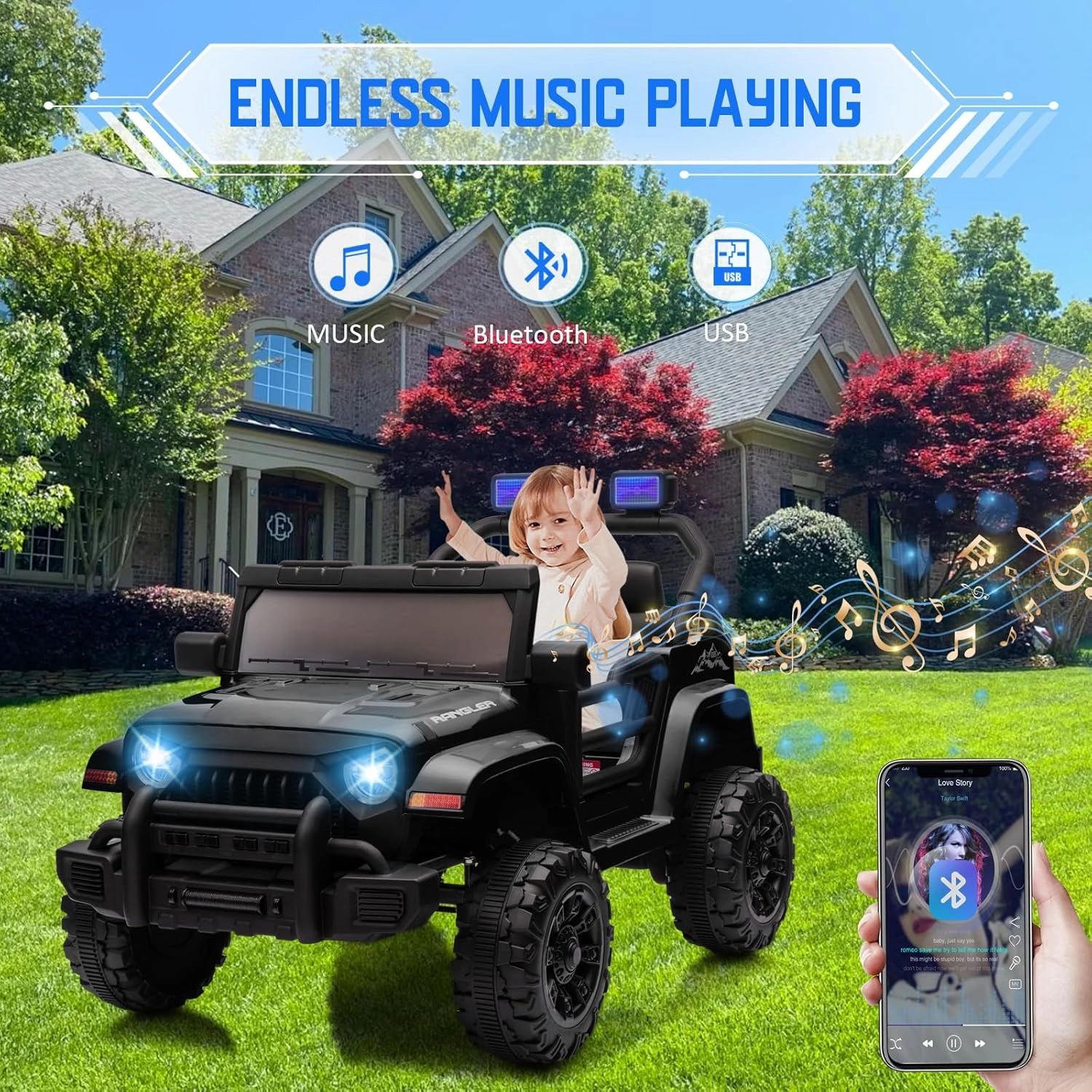 Kids Electric Ride On Car for Toddlers, 12V Battery Powered Kids Electric Vehicle with Parent Remote Control, USB, Music, Horn, LED Lights, Safety Belt, Soft Start (Black Jeep)