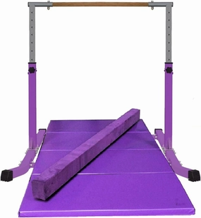 Kids Gymnastics Horizontal Kip Bar with 6 FT x 4 FT Tumble Mat and Balance Beam Full Set, Adjustable 3 to 5 FT Gymnastic Junior Training Bar for Gymnasts Children, Fiberglass Rail Purple