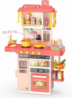 Kids Kitchen Play Set，Interactive Kids Kitchen Play Set with 50Pcs of Pretend Kitchen Toys，Realistic Sound Effects，and Simulated Functionality - Suitable for Toddlers Aged 3-5 Years(Pink)