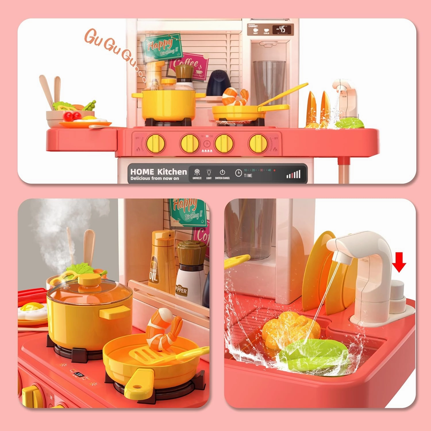 Kids Kitchen Play Set，Interactive Kids Kitchen Play Set with 50Pcs of Pretend Kitchen Toys，Realistic Sound Effects，and Simulated Functionality - Suitable for Toddlers Aged 3-5 Years(Pink)