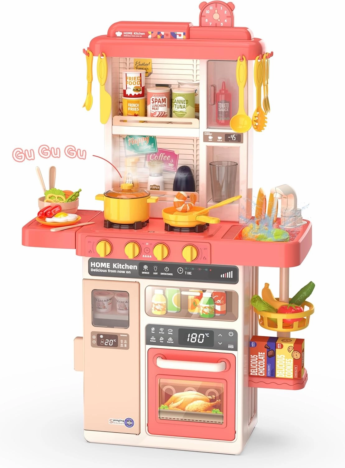 Kids Kitchen Play Set，Interactive Kids Kitchen Play Set with 50Pcs of Pretend Kitchen Toys，Realistic Sound Effects，and Simulated Functionality - Suitable for Toddlers Aged 3-5 Years(Pink)