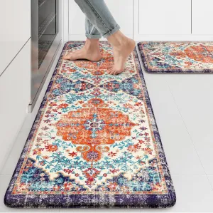 KIMODE Anti Fatigue Kitchen Mat, Boho Vintage Kitchen Rugs Sets of 2, Cushioned Non-Slip Kitchen Mats for Floor, Comfort Kitchen Floor Mats for Sink, Laundry, Desk Orange/Purple,17"x47" 17"x29"