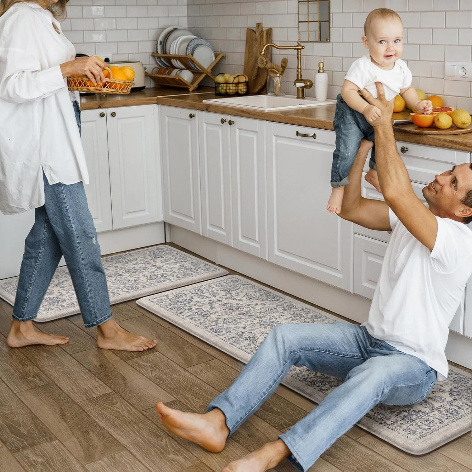 KIMODE Anti Fatigue Kitchen Mats for Floor, Boho Floral Kitchen Rugs 17"x47" 17"x29", Cushioned Mats for Kitchen Floor, Non Slip Kitchen Floor Mats, Sink, Laundry, Office, Desk Blue Multi