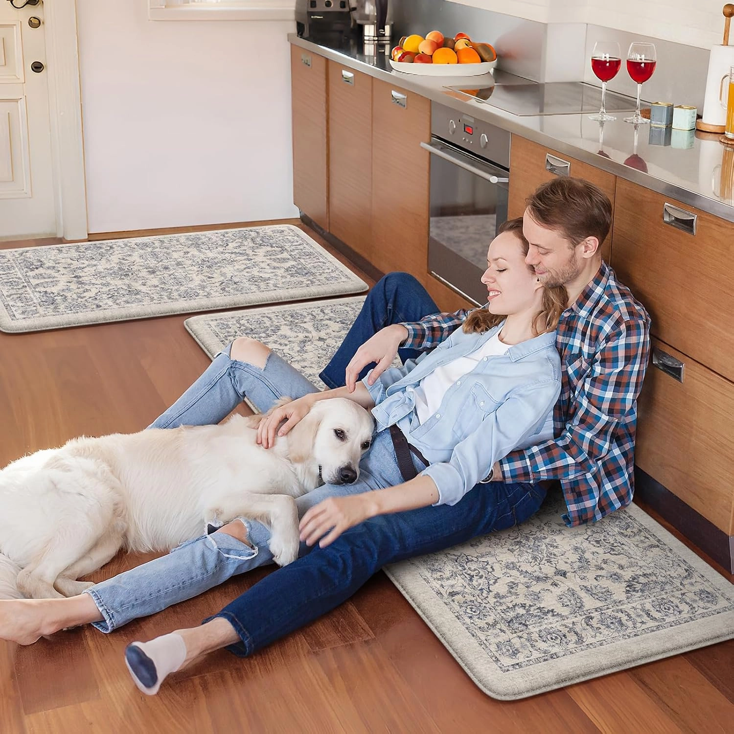 KIMODE Anti Fatigue Kitchen Mats for Floor, Boho Floral Kitchen Rugs 17"x47" 17"x29", Cushioned Mats for Kitchen Floor, Non Slip Kitchen Floor Mats, Sink, Laundry, Office, Desk Blue Multi