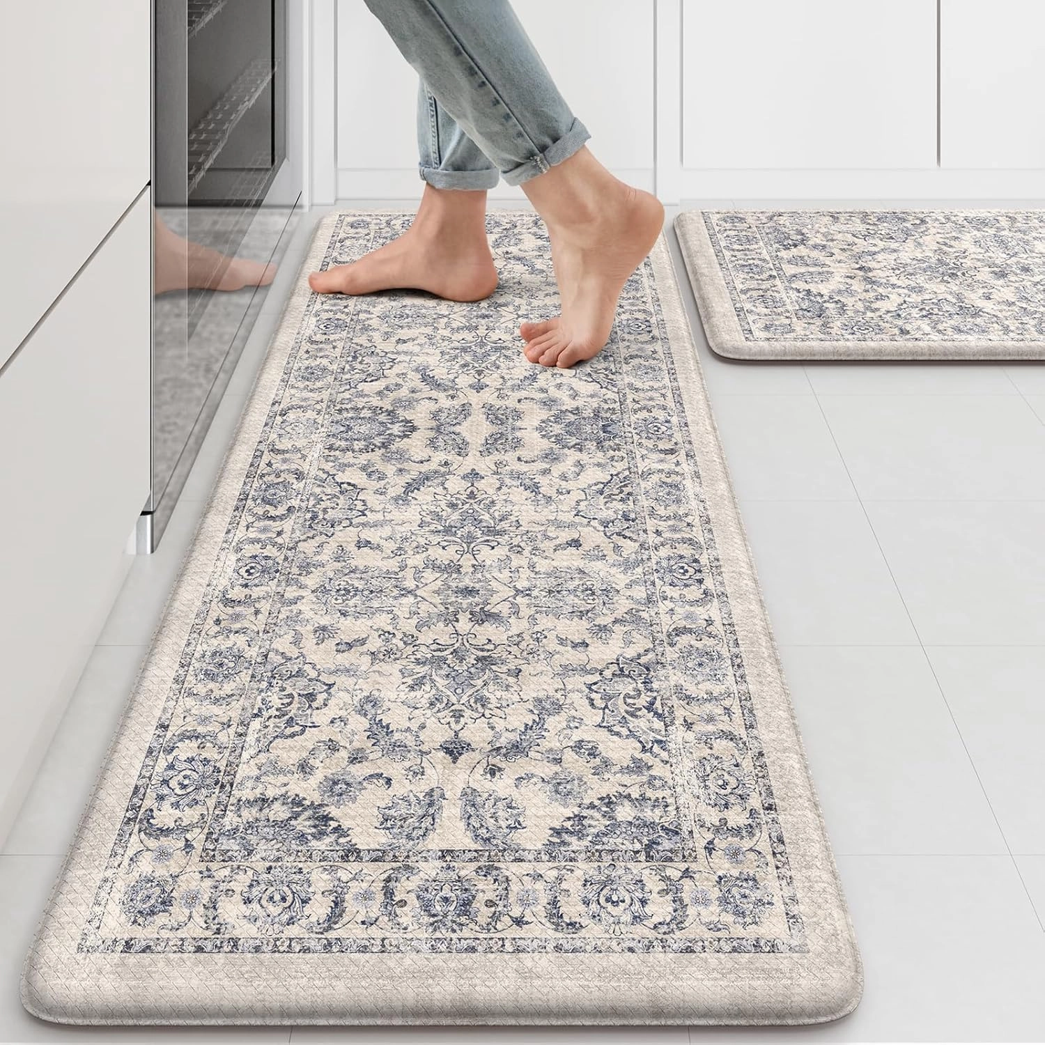 KIMODE Anti Fatigue Kitchen Mats for Floor, Boho Floral Kitchen Rugs 17"x47" 17"x29", Cushioned Mats for Kitchen Floor, Non Slip Kitchen Floor Mats, Sink, Laundry, Office, Desk Blue Multi