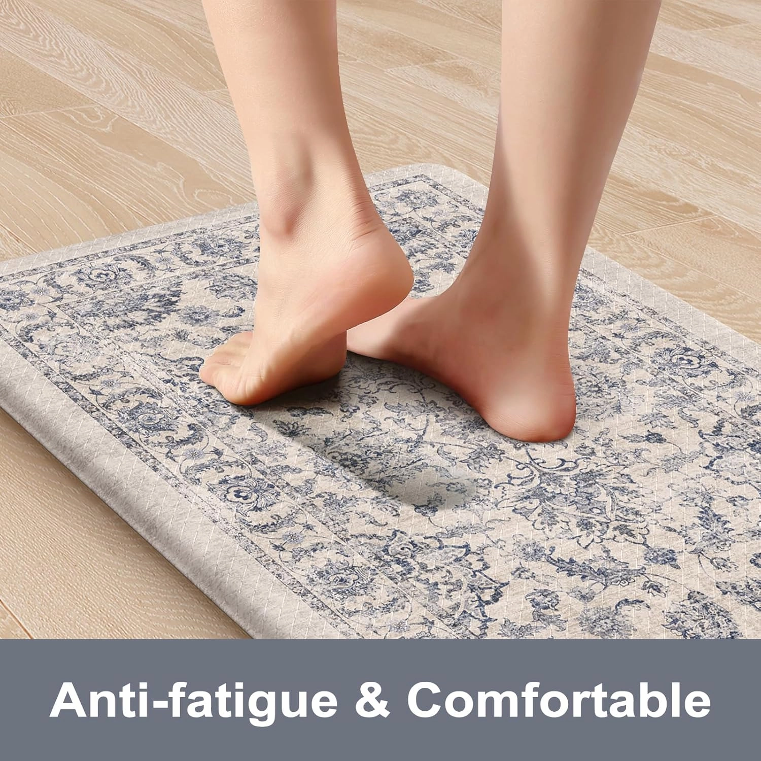 KIMODE Anti Fatigue Kitchen Mats for Floor, Boho Floral Kitchen Rugs 17"x47" 17"x29", Cushioned Mats for Kitchen Floor, Non Slip Kitchen Floor Mats, Sink, Laundry, Office, Desk Blue Multi