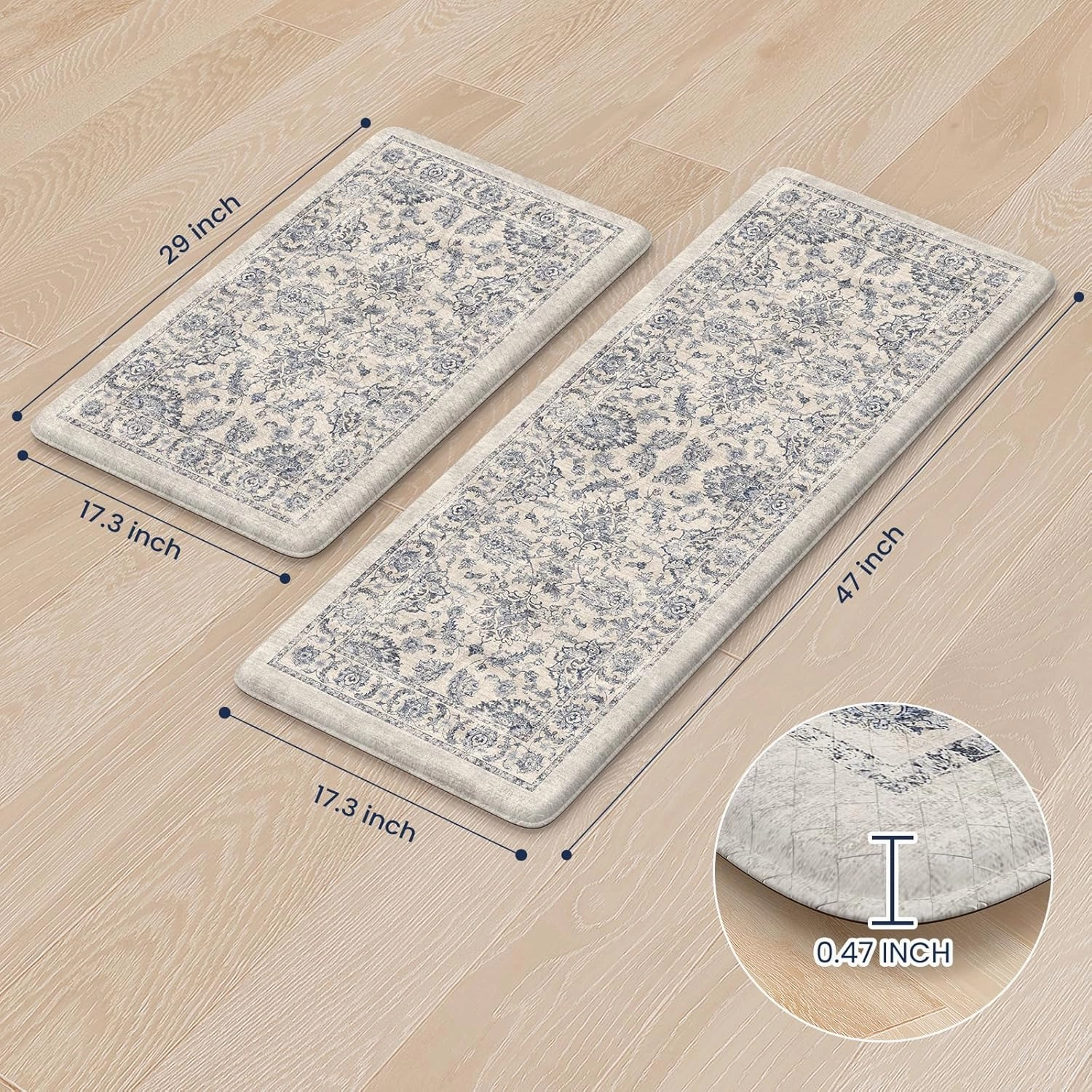 KIMODE Anti Fatigue Kitchen Mats for Floor, Boho Floral Kitchen Rugs 17"x47" 17"x29", Cushioned Mats for Kitchen Floor, Non Slip Kitchen Floor Mats, Sink, Laundry, Office, Desk Blue Multi
