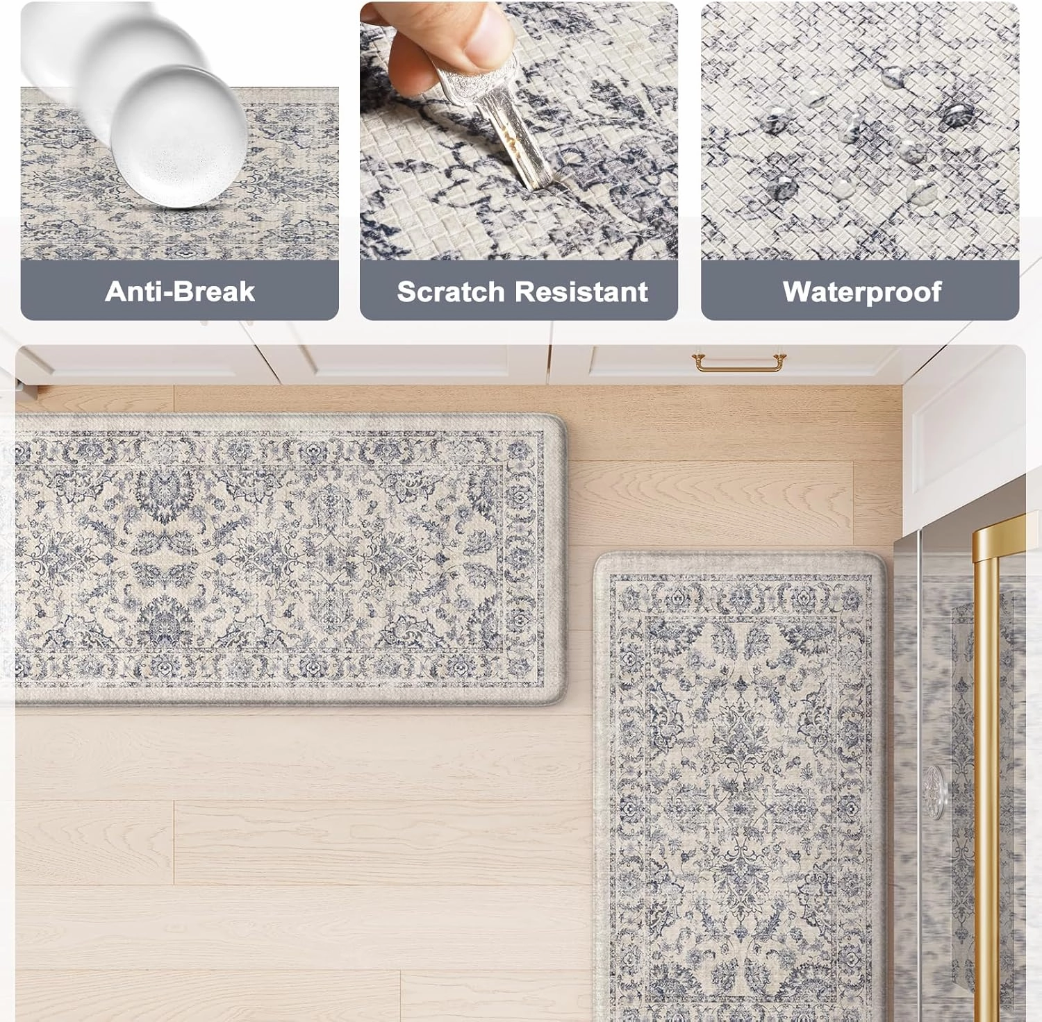 KIMODE Anti Fatigue Kitchen Mats for Floor, Boho Floral Kitchen Rugs 17"x47" 17"x29", Cushioned Mats for Kitchen Floor, Non Slip Kitchen Floor Mats, Sink, Laundry, Office, Desk Blue Multi