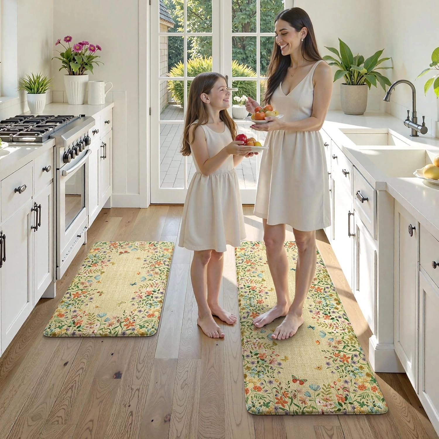 KIMODE Anti Fatigue Mats for Kitchen Floor 17"x47" 17"x29", Brown Butterfly Floral Kitchen Rugs Sets of 2, Cushioned Kitchen Floor Mats, Non Slip Standing Mat for Sink Laundry Office Desk