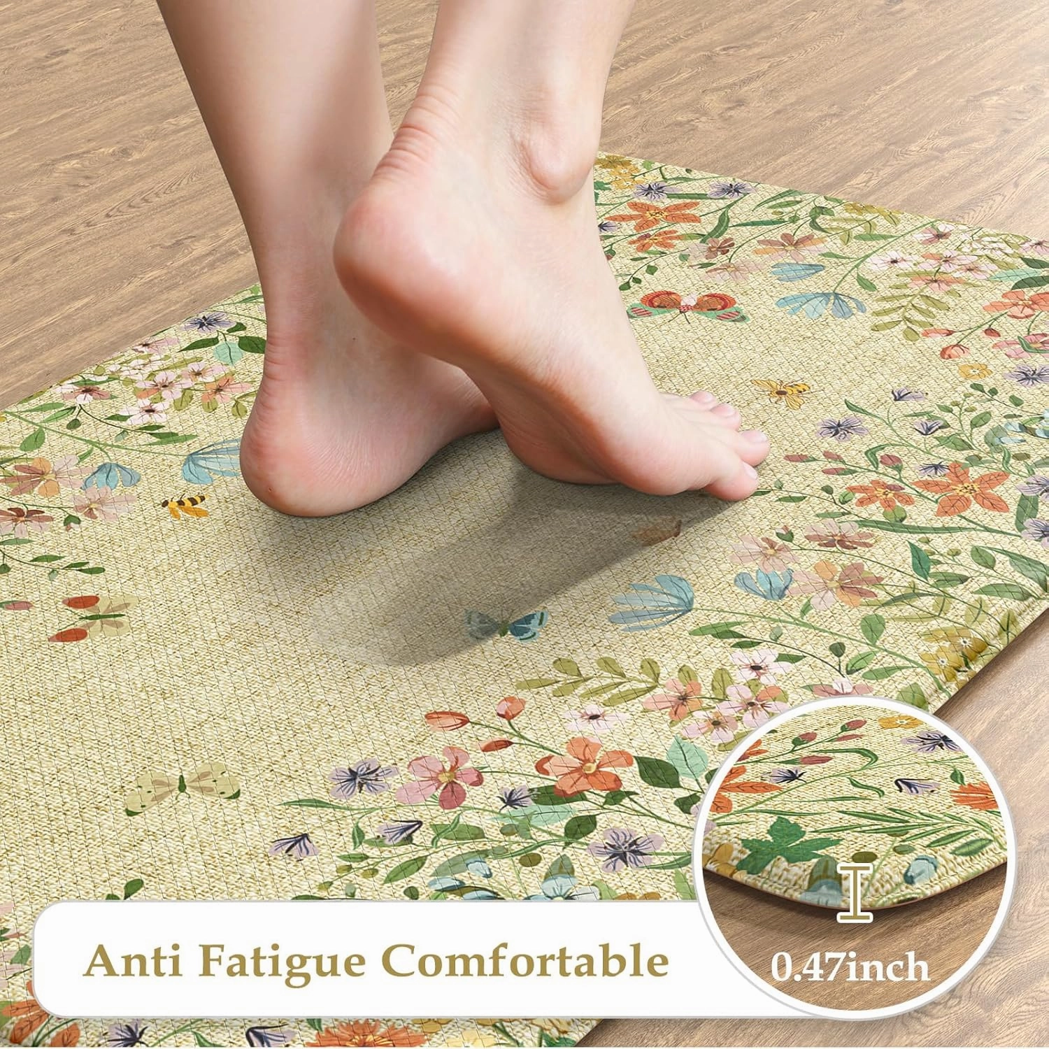 KIMODE Anti Fatigue Mats for Kitchen Floor 17"x47" 17"x29", Brown Butterfly Floral Kitchen Rugs Sets of 2, Cushioned Kitchen Floor Mats, Non Slip Standing Mat for Sink Laundry Office Desk