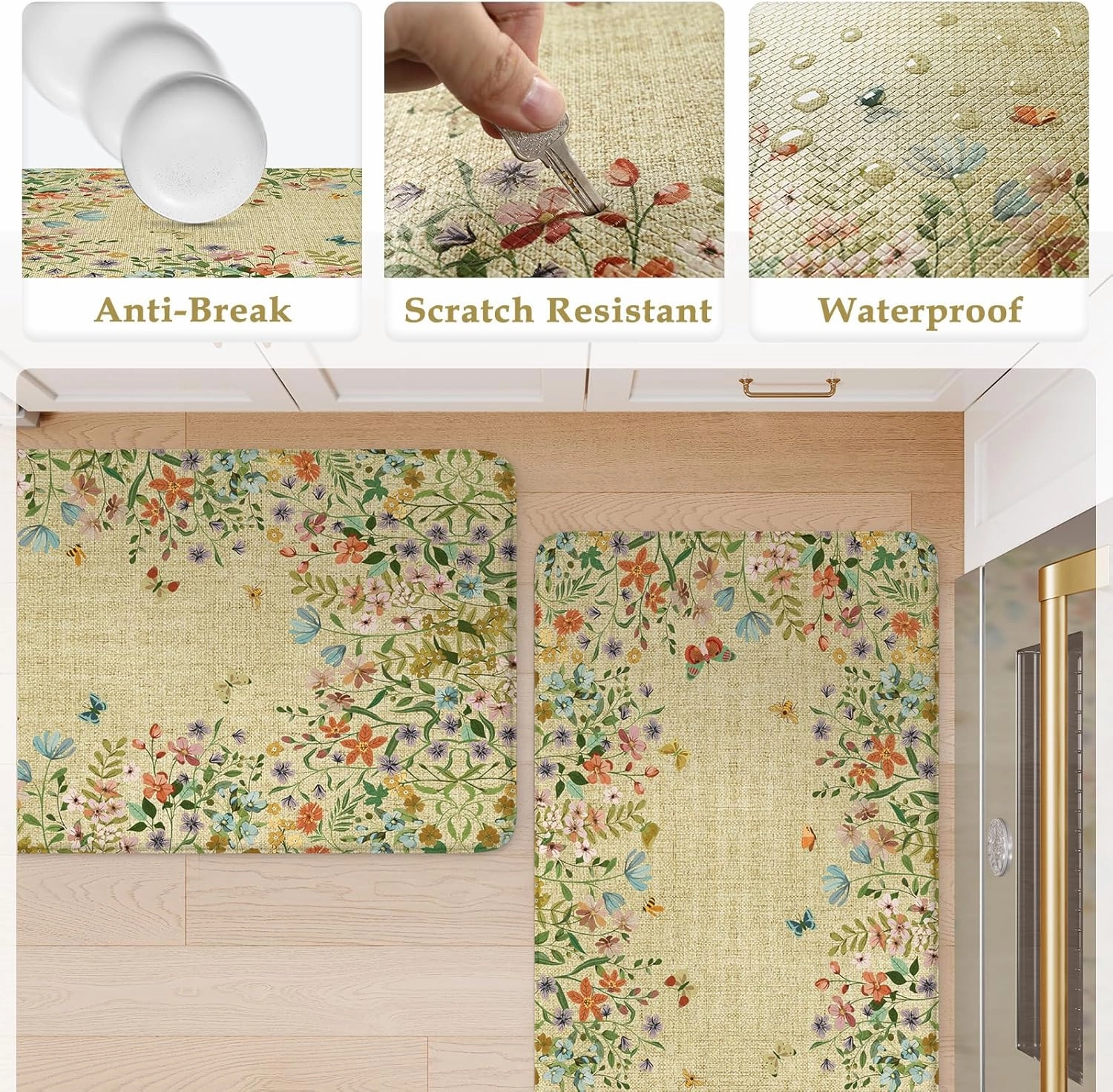 KIMODE Anti Fatigue Mats for Kitchen Floor 17"x47" 17"x29", Brown Butterfly Floral Kitchen Rugs Sets of 2, Cushioned Kitchen Floor Mats, Non Slip Standing Mat for Sink Laundry Office Desk