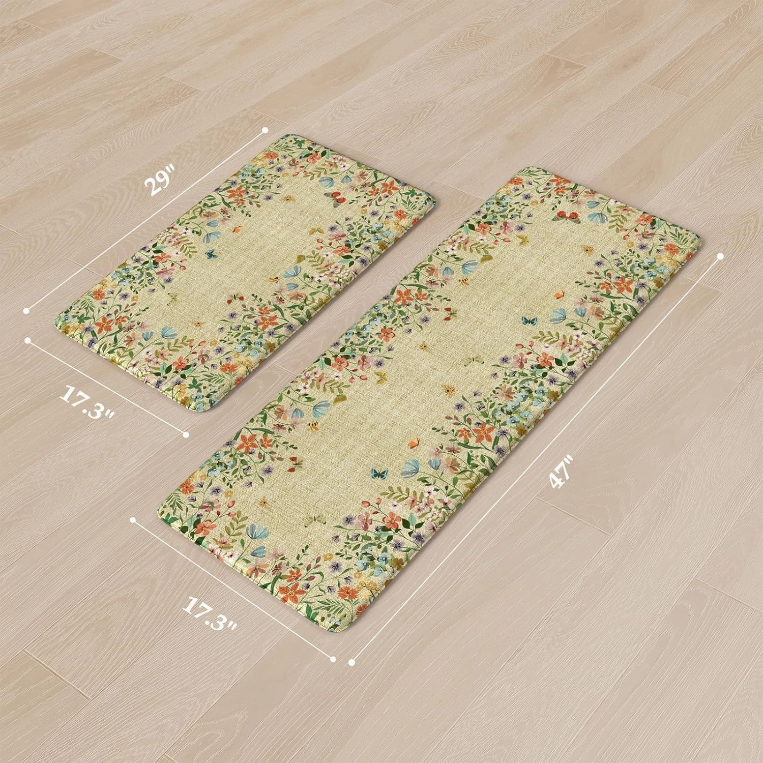 KIMODE Anti Fatigue Mats for Kitchen Floor 17"x47" 17"x29", Brown Butterfly Floral Kitchen Rugs Sets of 2, Cushioned Kitchen Floor Mats, Non Slip Standing Mat for Sink Laundry Office Desk