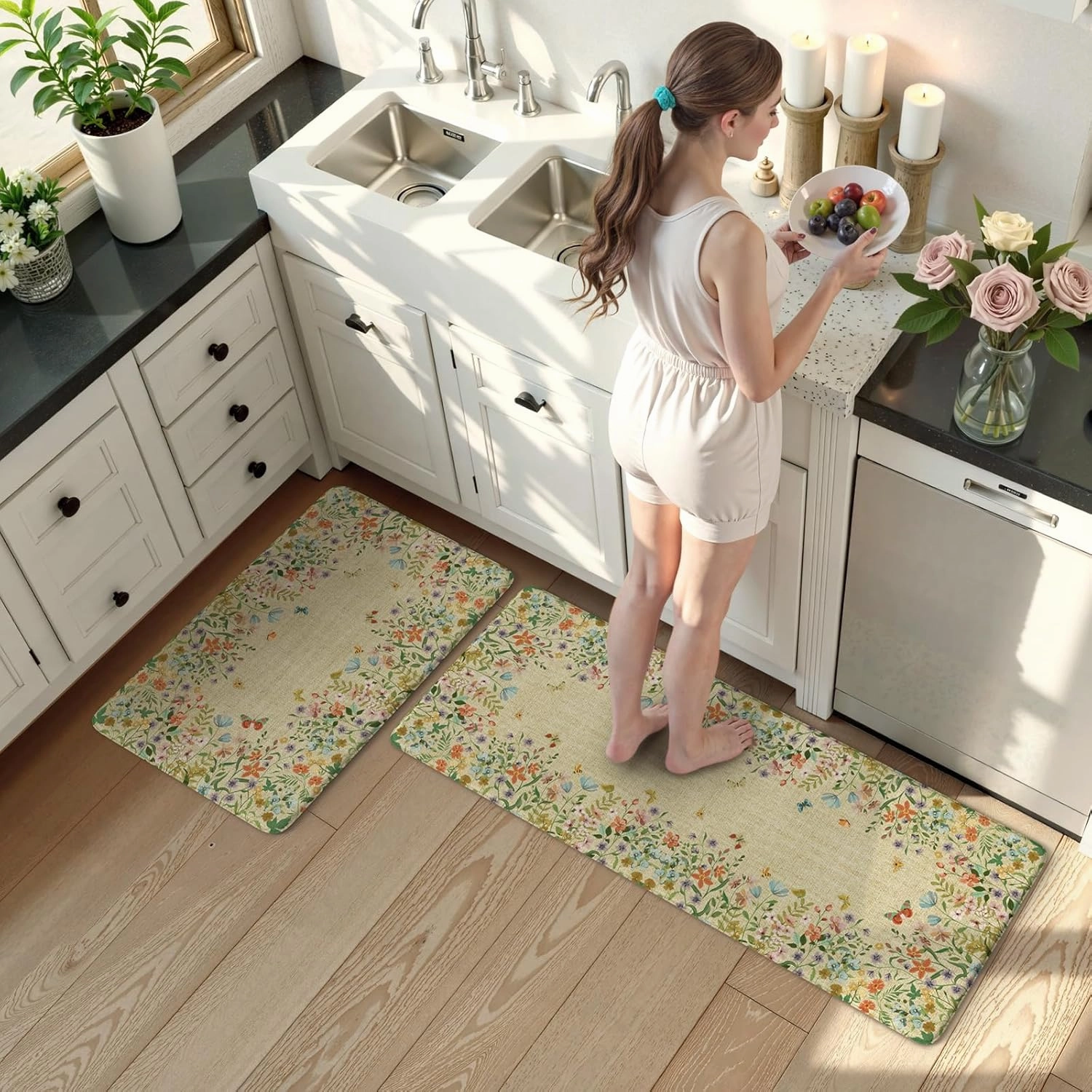 KIMODE Anti Fatigue Mats for Kitchen Floor 17"x47" 17"x29", Brown Butterfly Floral Kitchen Rugs Sets of 2, Cushioned Kitchen Floor Mats, Non Slip Standing Mat for Sink Laundry Office Desk