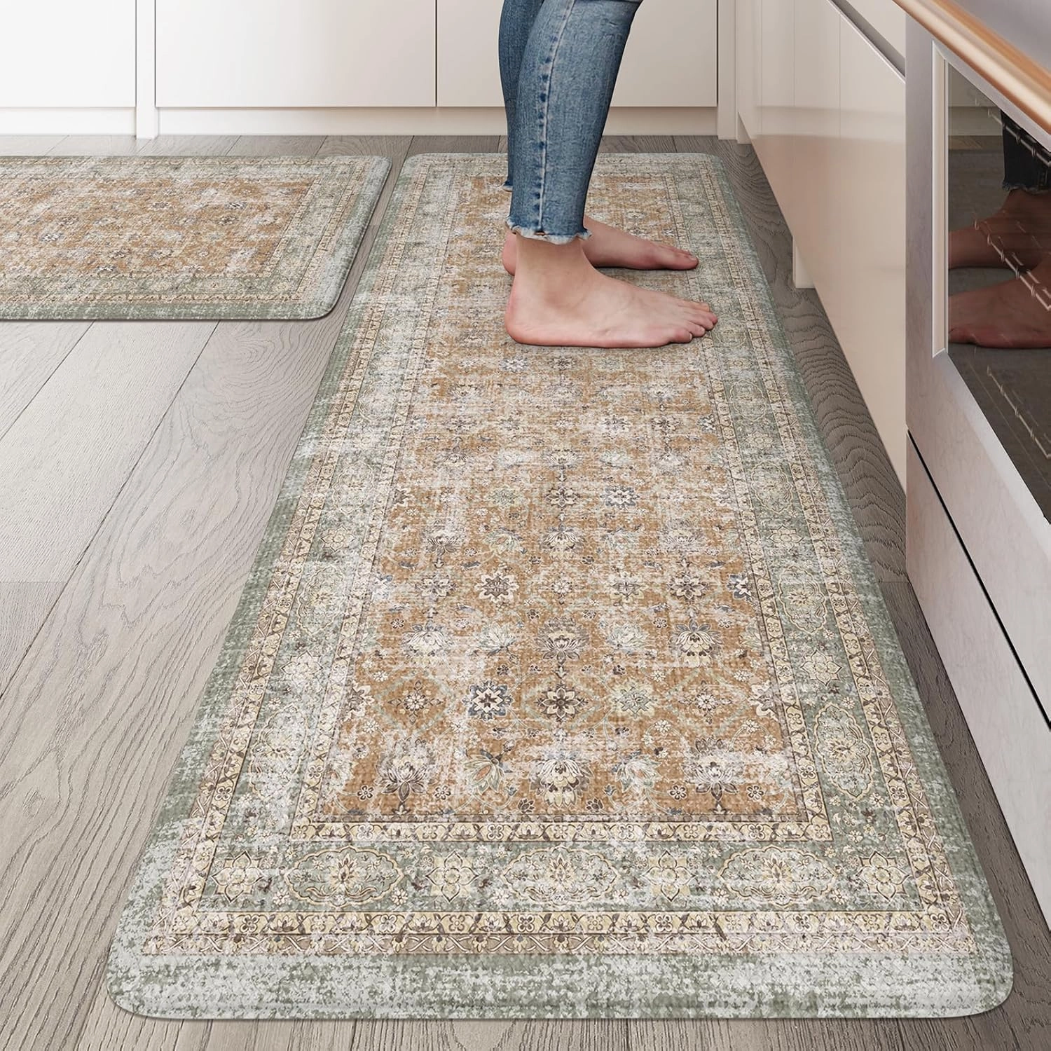 KIMODE Kitchen Mats Cushioned Anti Fatigue, Tan Farmhouse Kitchen Rugs Sets of 2, Non Slip Kitchen Mats for Floor, Padded Kitchen Floor Mat for Sink Laundry Desk Bedroom 20"x47" 20"x32"