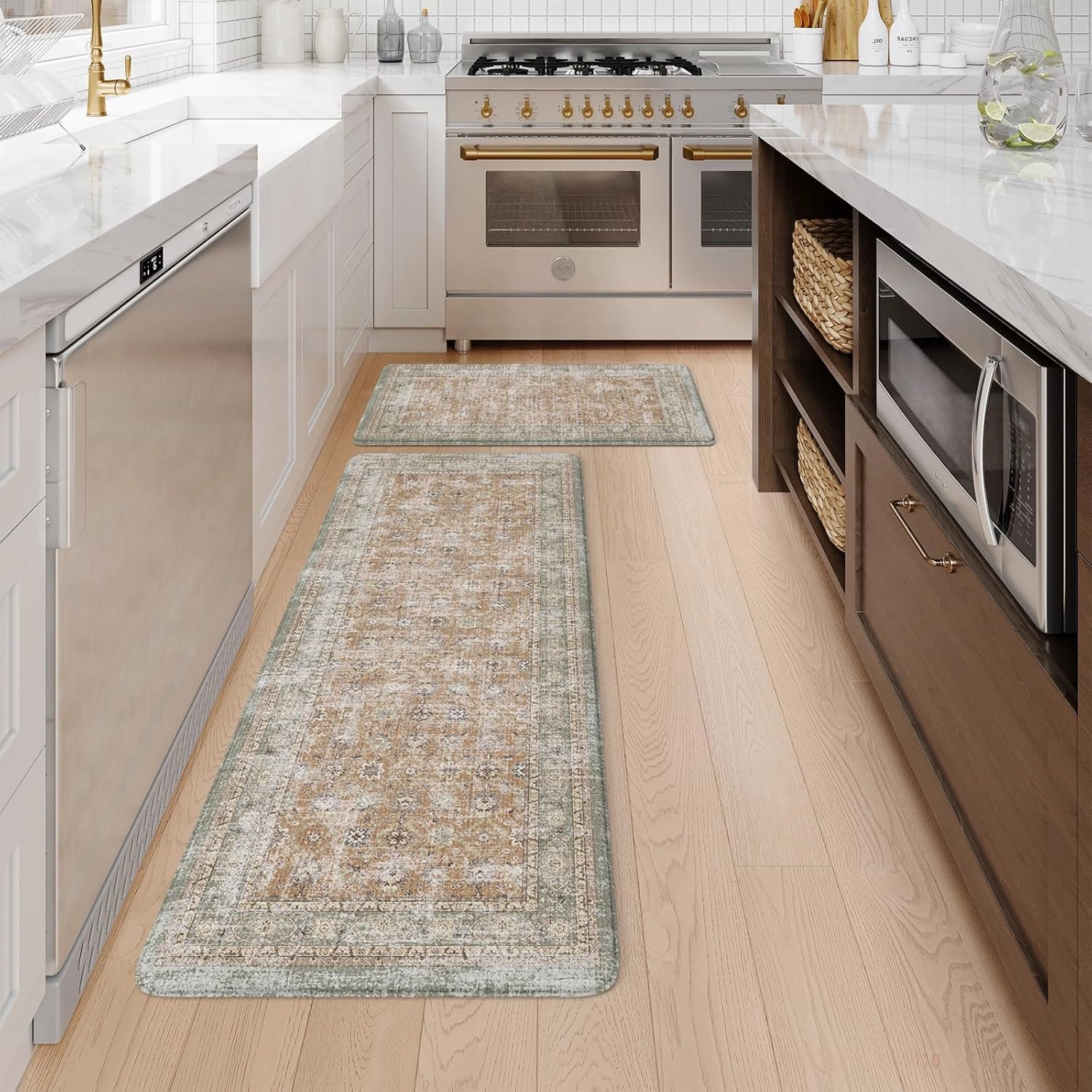 KIMODE Kitchen Mats Cushioned Anti Fatigue, Tan Farmhouse Kitchen Rugs Sets of 2, Non Slip Kitchen Mats for Floor, Padded Kitchen Floor Mat for Sink Laundry Desk Bedroom 20"x47" 20"x32"