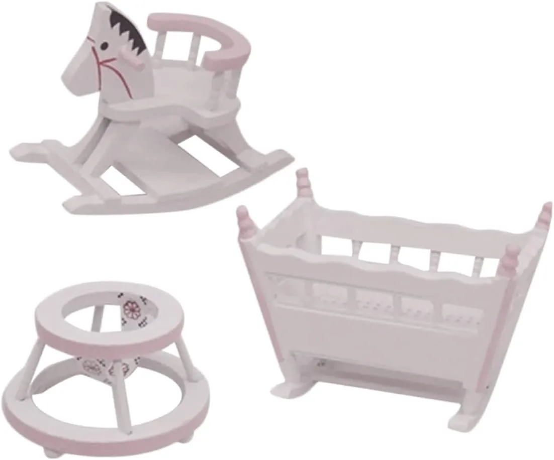 Kisangel 1 Set Dollhouse Room Furniture Miniature Rocking Horse Chair Mini Cradle Wooden Mini Nursery Cradle for Miniature Nursery