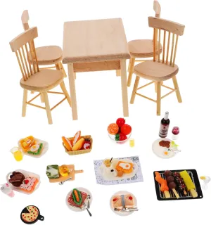 Kisangel 1 Set Miniature Doll House Chair and Dining Table Vintage Style Furniture Props with Food for Playhouse Decoration Fine Craftsmanship Design for Creative Play