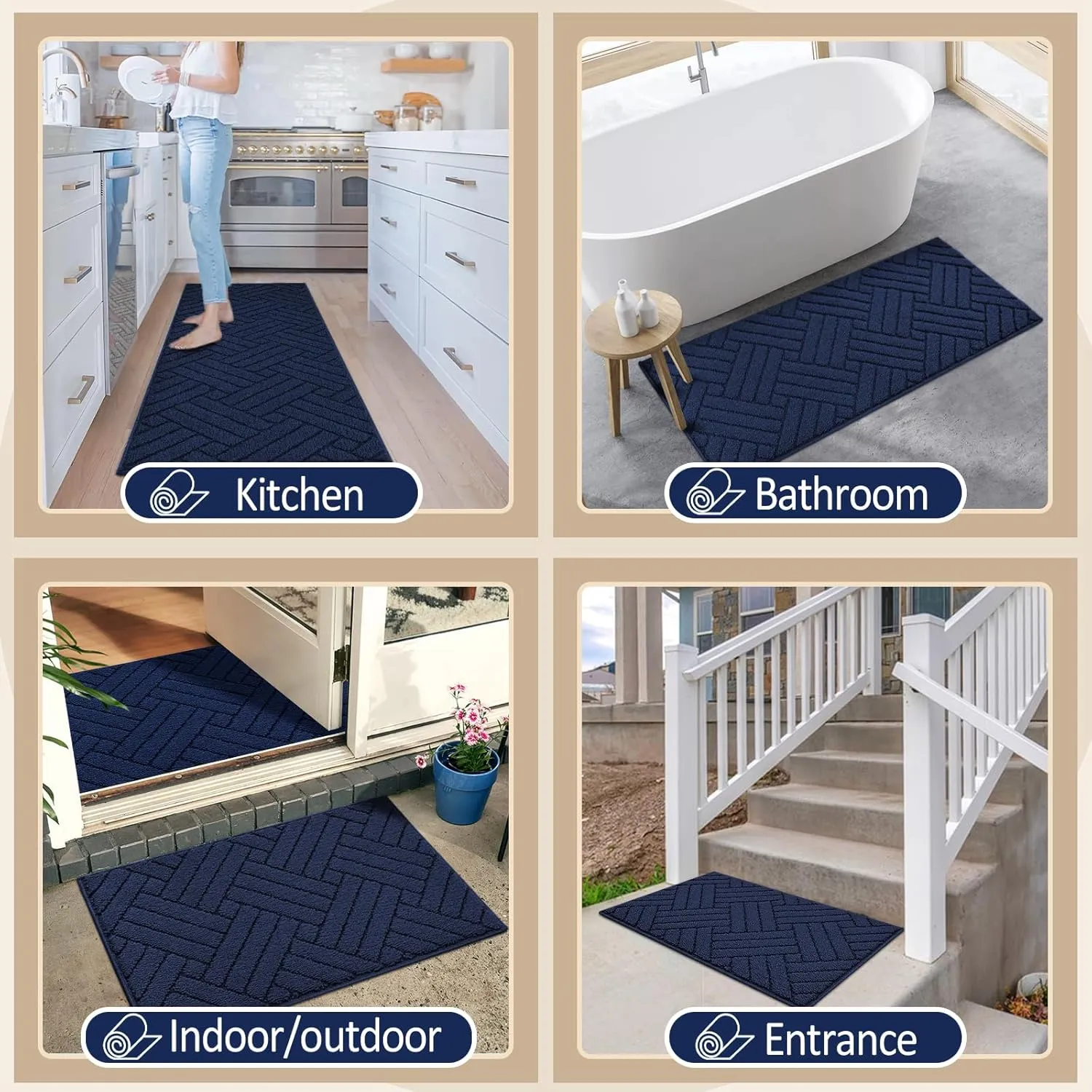 Kitchen Rugs and Mats for Floor,Kitchen Runner Rug 20"x47"Non Skid Absorbent Resist Dirt Comfort Standing Mat for Entryway,Hallway, Front of Sink,100% Polypropylene Washable,Blue