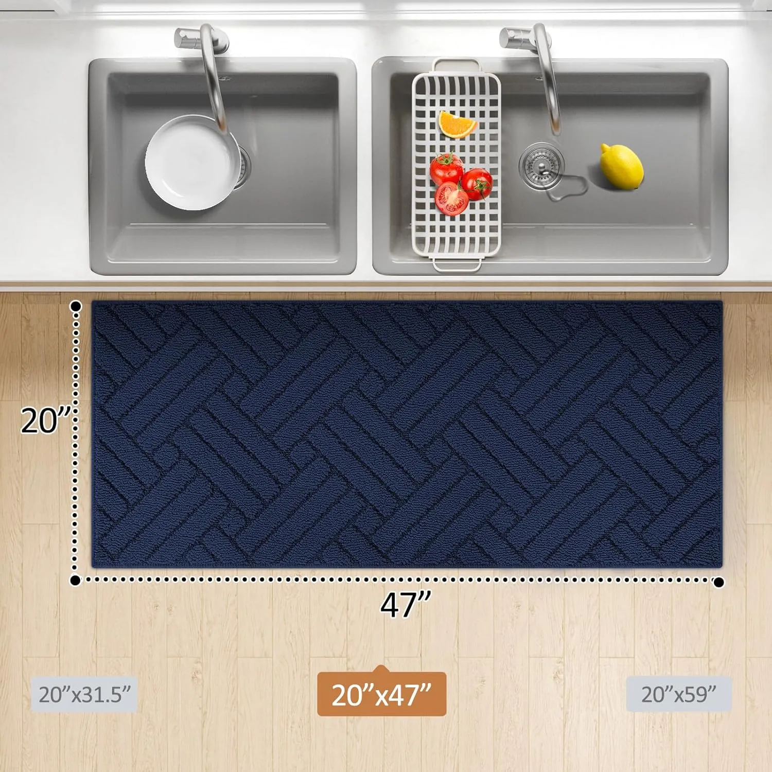 Kitchen Rugs and Mats for Floor,Kitchen Runner Rug 20"x47"Non Skid Absorbent Resist Dirt Comfort Standing Mat for Entryway,Hallway, Front of Sink,100% Polypropylene Washable,Blue