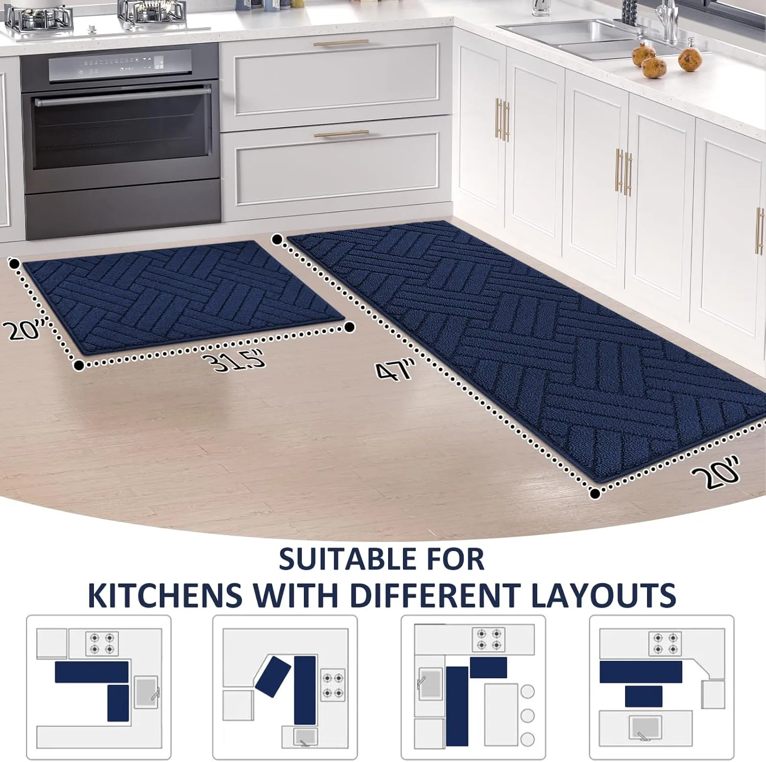 Kitchen Rugs and Mats for Floor,Kitchen Runner Rug 20"x47"Non Skid Absorbent Resist Dirt Comfort Standing Mat for Entryway,Hallway, Front of Sink,100% Polypropylene Washable,Blue