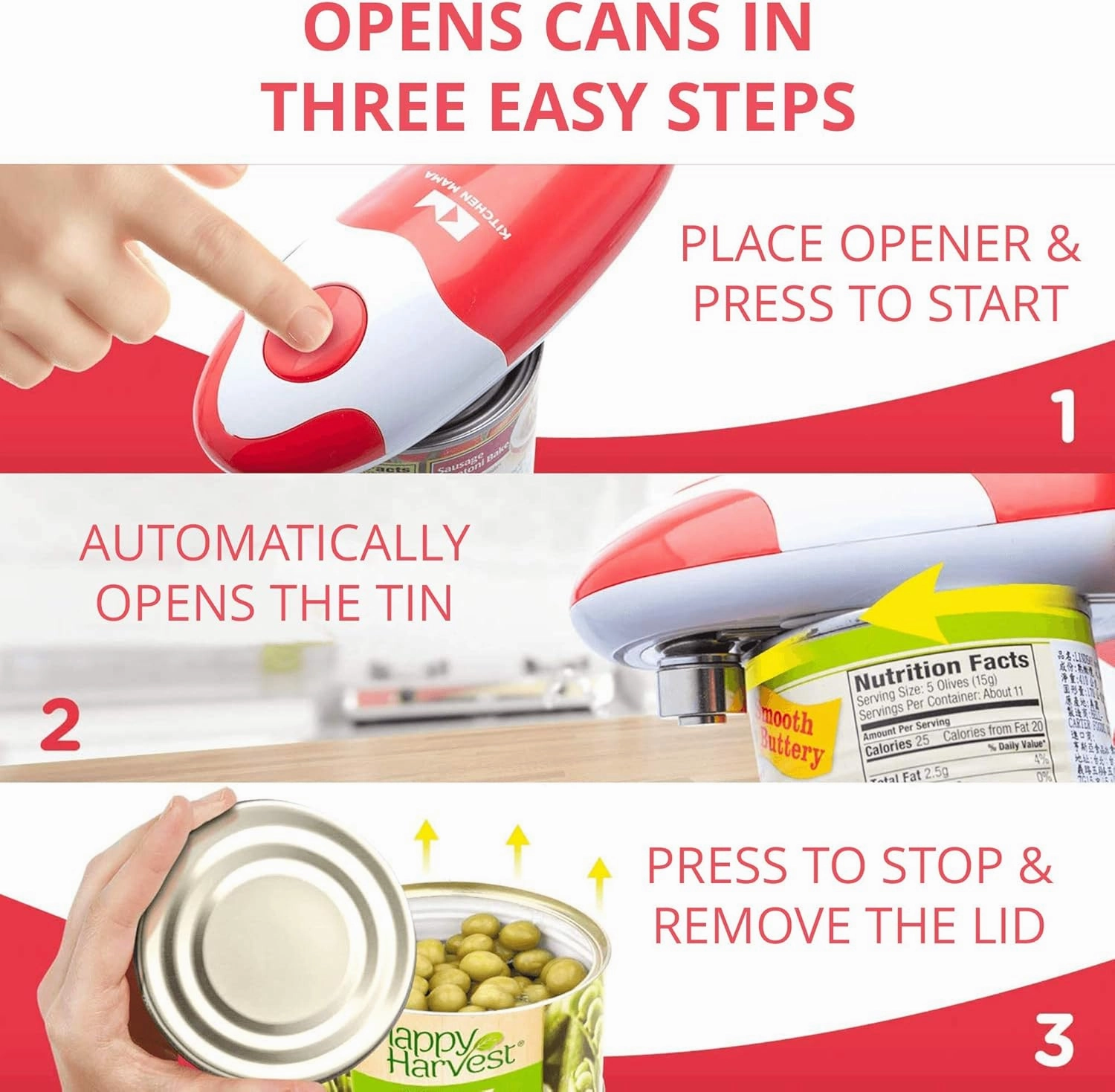 Kitchen Mama Auto Electric Can Opener: Open Your Cans with A Simple Press of Button - Automatic, Hands Free, Smooth Edge, Battery Operated, YES YOU CAN (Red)