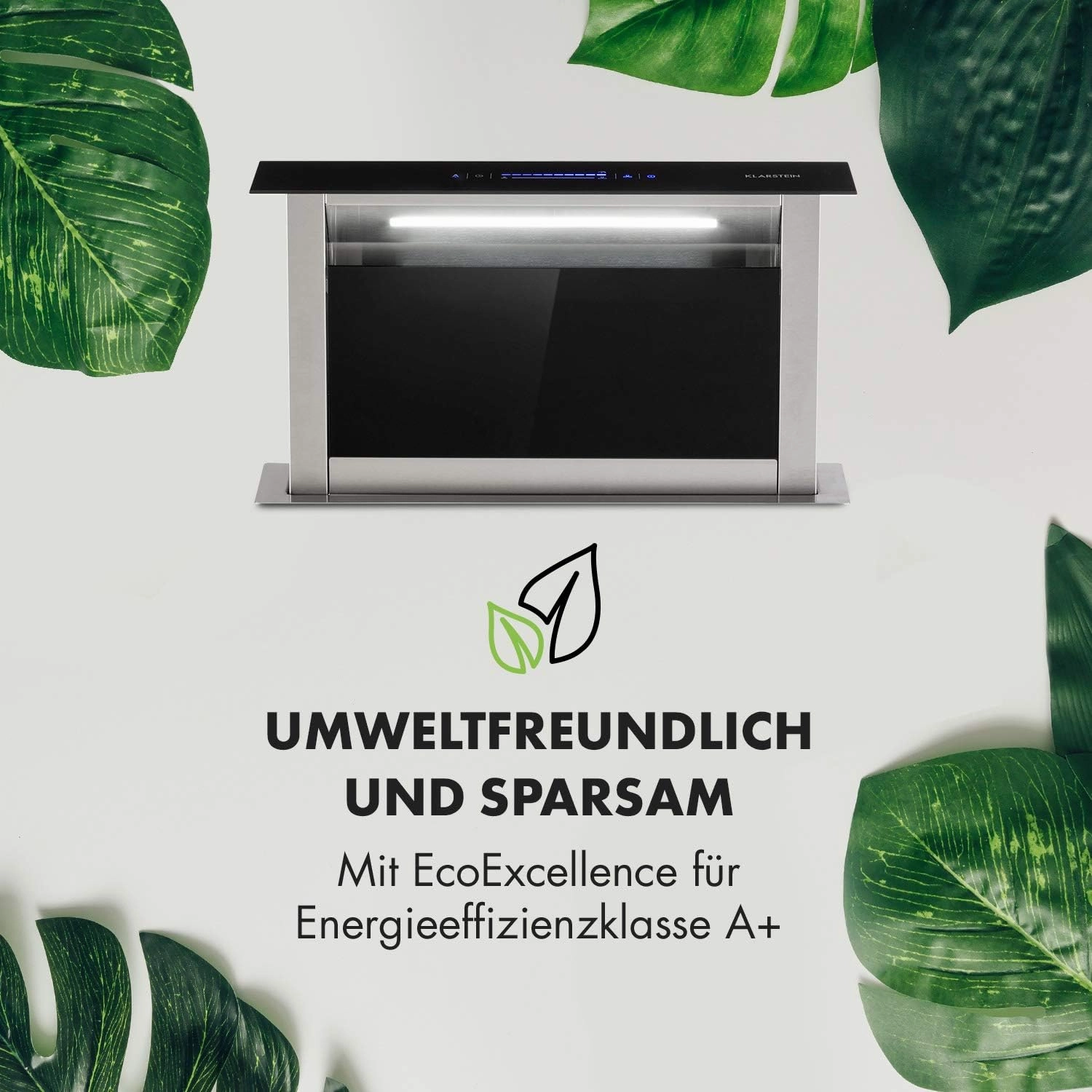 Klarstein Royal Flush Eco Island Cooker Hood - Retractable, Ducted/Recirculation, 60Db, Touch Control, LED Lighting, 60 Cm, Black, Ducting capacity: 576 M/H