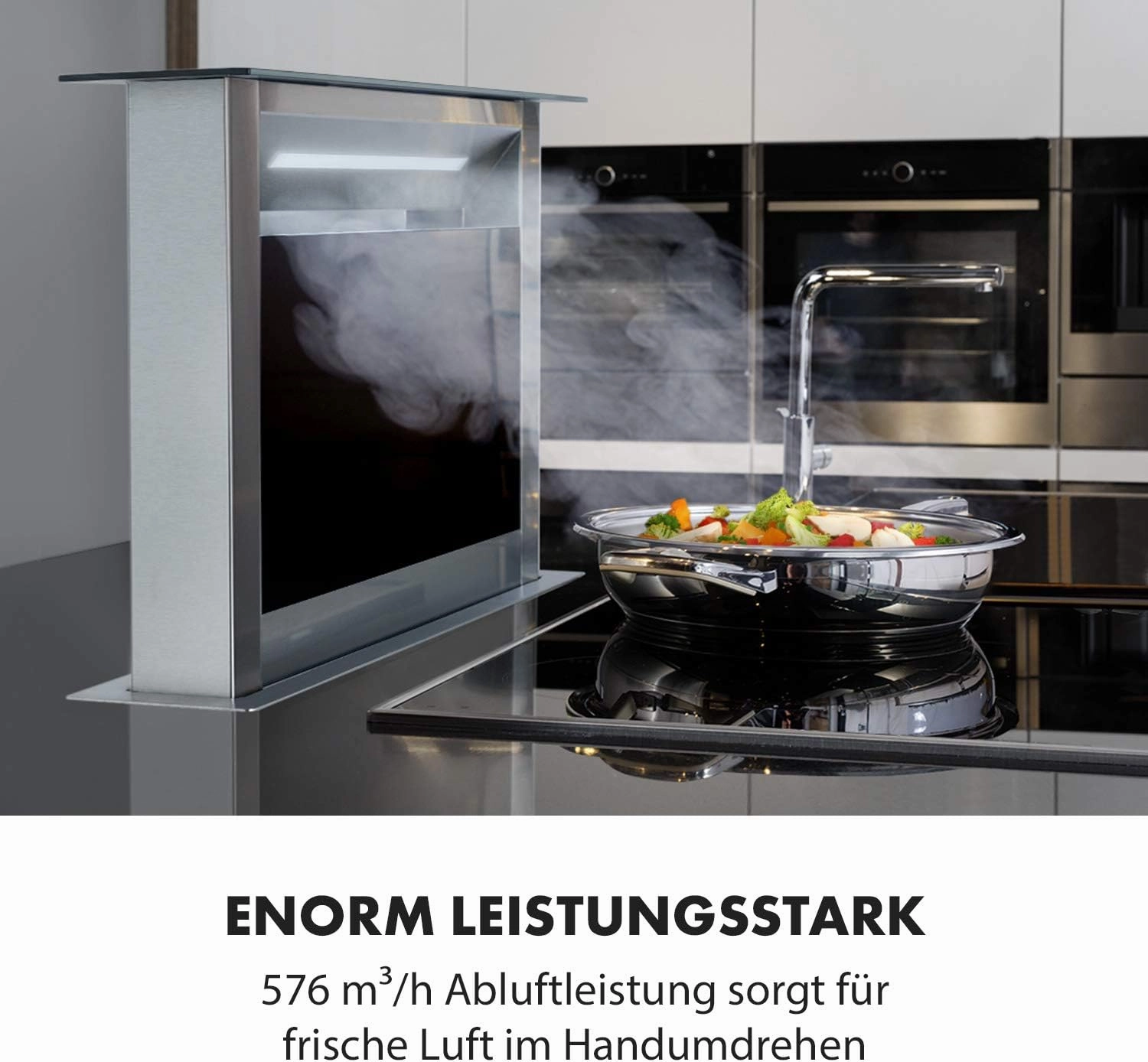 Klarstein Royal Flush Eco Island Cooker Hood - Retractable, Ducted/Recirculation, 60Db, Touch Control, LED Lighting, 60 Cm, Black, Ducting capacity: 576 M/H